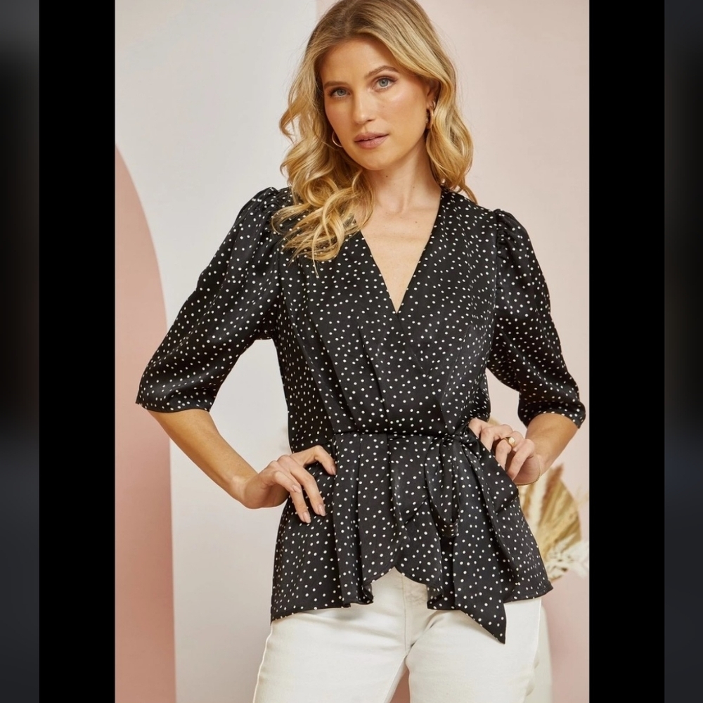Andree by Unit Silky Polka Dot Faux Wrap Deep V Neck 1/2 Sleeves Preppy